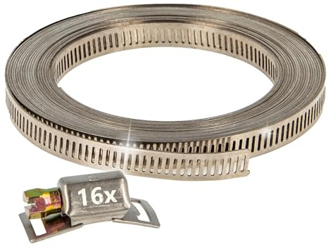 tecuro Endlosband - Schlauchschellen - Set: Band 5 m x 8 mm, Chromstahl W2, inkl. 16 x Gehäuse
