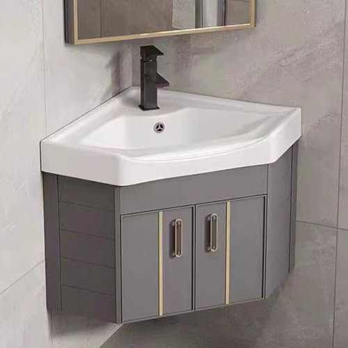Generisch Badezimmer-Waschtischunterschrank, Eckwaschbecken zur Wandmontage mit Aufbewahrungsbehälter, Standwaschbecken mit Keramikspüle (Farbe: Grau, Größe: 48 cm)