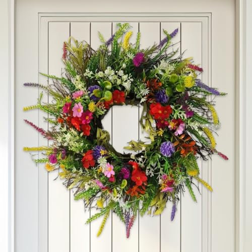 JOYWU Artificial Flower Wreath,45cm Colorful Spring Floral Wreath with Green Leaves,Spring Wreaths for Front Door,Summer Wreath with Daisy and Lavender,Easter Wreath,Wedding Decor