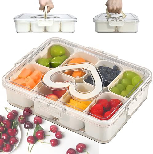 Dazhtu Snack Box with 8 Compartments, Divided Serving Tray with Lid & Handle, Reusable Fruit Storage Containers for Fridge, Clear Organizer, Food Storage Container for Travel, Party & Picnic
