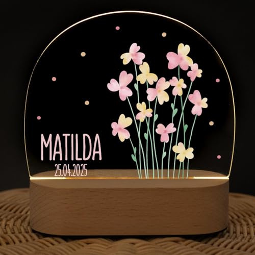 wunderwunsch - Personalisiertes Nachtlicht dimmbar für Babys - Individuelle Lampe für Kinder - Personalisierte Geschenke Kinder - Taufgeschenk - Geschenk zur Taufe (Blumen rosa)