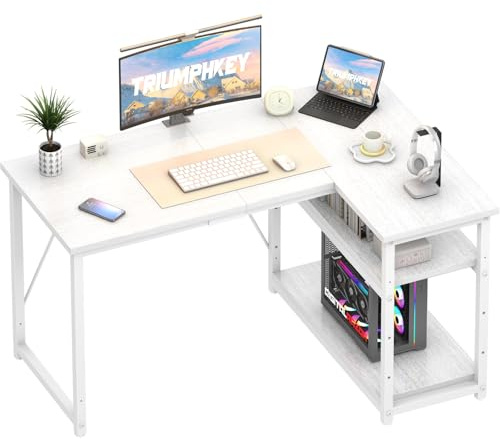 TRIUMPHKEY 120 * 80cm L Shaped Computer Desk with Reversible Large Storage Shelves, Corner Desk Computer Workstation Matching Under Desk Height Adjustable Storage, Home Office Work Table White