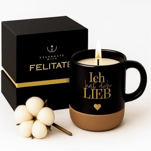 FELITATE Geschenk für Frauen & Männer, 2in1 Duftkerze in Tasse mit Spruch | Ich hab dich lieb Geschenke zum Geburtstag, Vatertag & Muttertag, Geschenkidee für Kollegen, Freundin, Opa & Oma