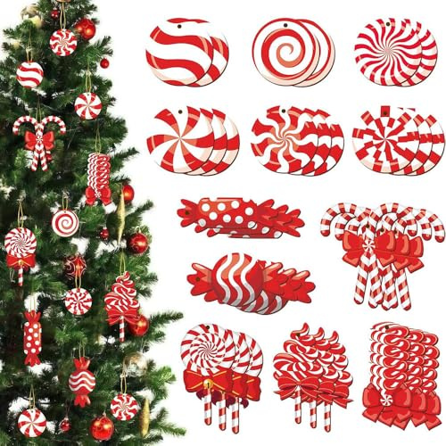 33pcs Mini Christmas Tree Decorations Set, Resin Miniatures Peppermint Swirl Candy Cane for Xmas Tree, Holiday Party Décor