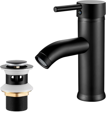 kisimixer Grifo mezclador de lavabo negro con ranura para desagües emergentes, monomando de acero inoxidable caliente y frío, con mangueras G1/2