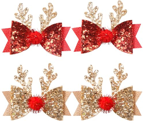 4 Pcs Christmas Hair Clips, Christmas Reindeer Antlers Headdress, Glitter Sequin Xmas Hairpins Cute Christmas Headdress Accessories For Christmas Party Gifts Women/Girls (Red, Gold)