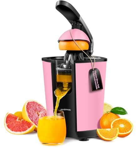 Amzpass Elektrischer Zitruspresse, Zitrusentsafter mit 2 Aufsätzen und Soft-Griff für müheloses Entsaften, Geräuscharmer Edelstahl-Entsafter für Limette, Grapefruit & Zitrone, Rosa