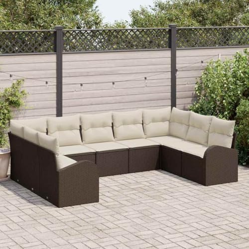 Yunovire Garten-Sofa-Set mit Kissen, 9-teilig, Braun, Weiß, Poly Rattan, Modulares Ecksofa für Terrasse, Balkon, UV-beständig, Langlebig