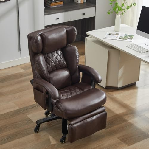 Muskel Silla de oficina ergonómica con función de masaje y calefacción, piel sintética, reposapiés, giratorio 360°, respaldo ajustable, hasta 150 kg, para oficina en casa (marrón)
