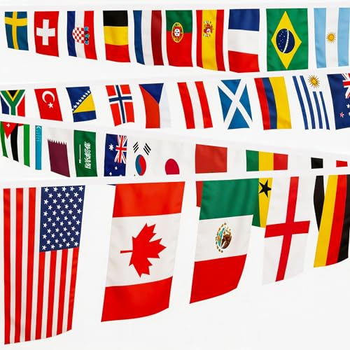 Guirlande de Drapeaux Coupe du Monde 2026 Football Banderole avec 48 Pays Équipes 11m Fanions Décoration Coupe du Monde de Football Deko de Fête pour Jardin Bar Rue Chambre Événement