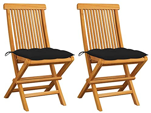 HGBNMER 2 Faltbare Bistrostühle aus Teakholz mit schwarzen Kissen, klappbare Gartenstühle aus Massivholz, 2 STK. Set mit gepolsterten Sitzkissen für Terrasse und Balkon
