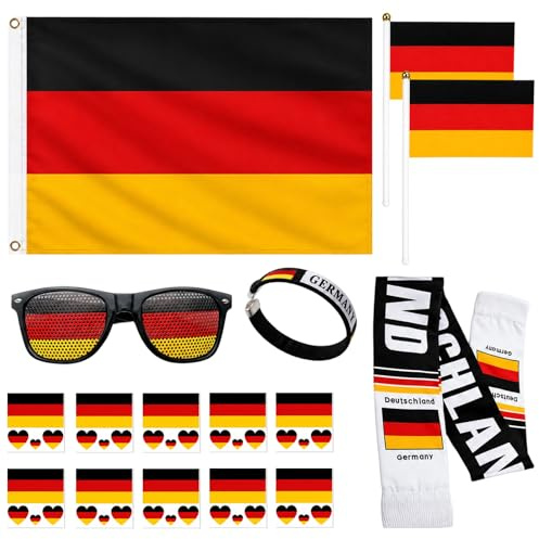 Deutschland Flagge, Fußball WM 2026, 17 Teiliges Fanartikel Fan Set für Stadion und Public Viewing, Inklusive Fahne Schal und Accessoires für deutsche Fußballfans