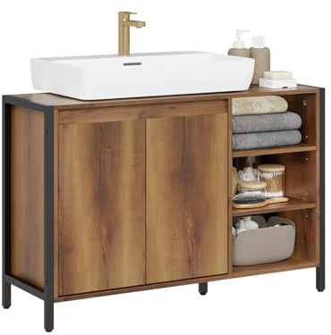 SoBuy Meuble sous Lavabo 90cm avec Découpe Siphon pour Salle de Bain | Meuble sous Vasque avec Portes et Étagères, Armoire Grand Espace de Rangement pour 2 Personnes, Style Industriel, BZR63-L-PF