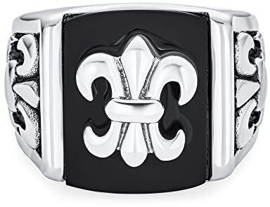 Bling Jewelry Personnalisez La Bague Sigillaire Carrée Fleur De Lis En Acier Inoxydable Ton Argent Avec Une Imitation De Pierre D'Onyx Noir Pour Hommes