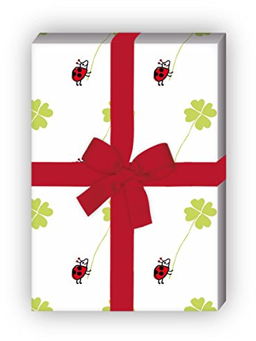 Niedliches Glücks Geschenkpapier Set (4 Bogen) mit Marienkäfer und Kleeblatt als Geschenkverpackung & Überraschung zur Taufe, Geburt, Ostern, Geburtstag, Hochzeit, Weihnachten 32 x 48cm