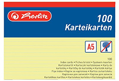 Herlitz 1150507 Karteikarte A5, 100 Stück (Gelb | liniert, Menge: 4 Packungen)