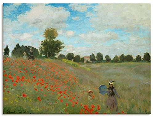 ARTLAND Wanddeko Leinwand Bilder Wandbild 60x45 cm Wiese Sommer Bäume Mohnblumen Wandern Familie Mohnfeld bei Argenteuil. 1873 Impressionismus Claude Monet T7GN