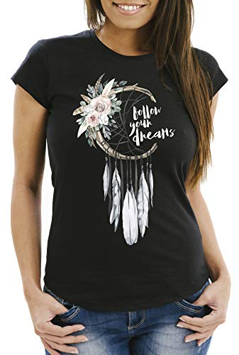 Neverless Damen T-Shirt Traumfänger Dreamcatcher Follow Your Dreams Spruch Blumen Federn Spruch Boho Slim Fit schwarz XL