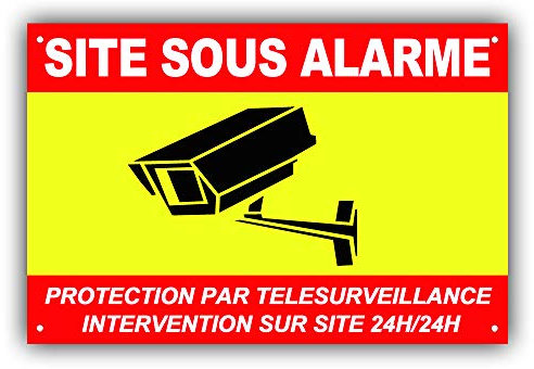 Bon'impression Panneau de Télésurveillance SITE SOUS ALARME en PVC + 4 trous avec texte : Protection par télésurveillance - Intervention sur site 24H/24H - CRJ (150 x 100 mm)
