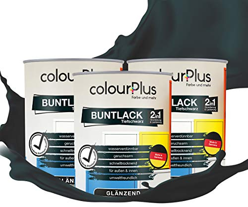 colourPlus 2in1 Buntlack Glänzend (2,25L Tiefschwarz/Schwarz RAL 9005) – Wetterfeste Holzfarbe Holzlack & Küchenmöbellack. Getrocknet auch für Kinderspielzeug. Für Innen & Außen