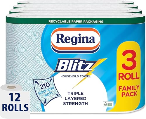 Regina Blitz Household Towels – 12 Packs, 3-ply Kitchen Rolls, 70 Sheets Each, FSC Certified, Recyclable, 60% Larger Sheets