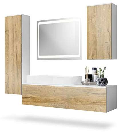 Vladon Conjunto de Muebles para baño Beach, Cuerpo en Blanco Mate/Frentes en Roble Natural, con Lavabo y Espejo LED