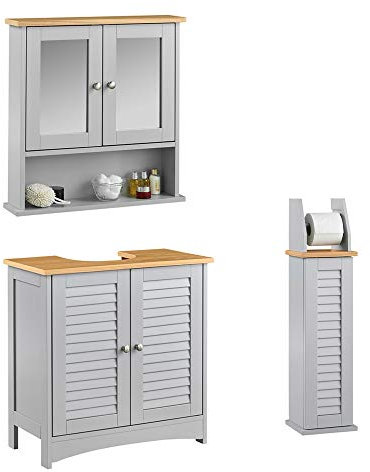 CARME Atlanta - Set di 3 mobili da bagno autoportanti sotto il lavabo, montaggio a parete, armadietto dei medicinali con specchio, mensola del bagno, portarotolo, colore: grigio