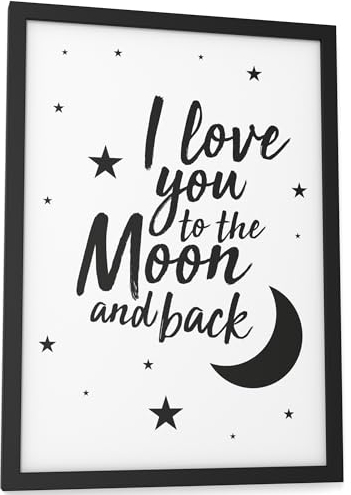 Papierschmiede® Bilder Home Kunstdruck A4 (21x30 cm) mit Rahmen, Spruch Poster gerahmt Zuhause Schrift Bild Wanddeko in schwarz weiß, Sprüche für Wohnzimmer Büro Küche, I Love You To The Moon