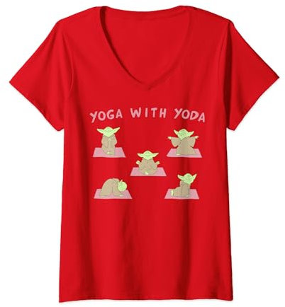 Damen Star Wars Classic Vintage Chibi Yoga With Yoda Poses T-Shirt mit V-Ausschnitt