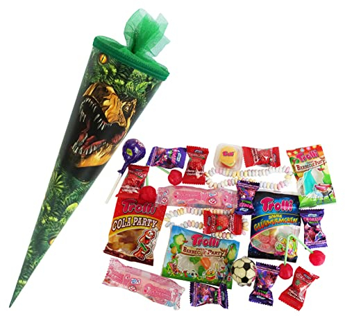 CAPTAIN PLAY Schultüte Dinosaurier 35cm gefüllt mit Süßigkeiten ohne Schokolade (20-teilig)