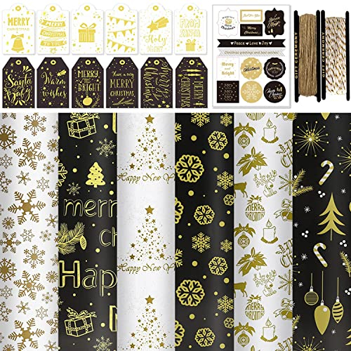 FullJoyHut Ensemble 6 Feuille Papier Cadeau de Noël Papier d'Emballage Kraft 70x50cm Motif Renne Flocons con 6 Étiquette Cadeau Papier,12 Autocollant,2 Rouleaux Cordes pour Présent Cadeaux Noël