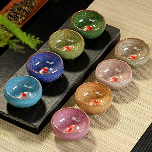 HirrWill Ice Crack Glasur, Keramik-Kung-Fu-Teeset, geprägte Fisch-Teetasse, zum Öffnen von Teetasse, süßer Glasfisch, koreanisches Soju-Schnapsglas-Set, auch ideal für Whiskey, Tequila und Sake.