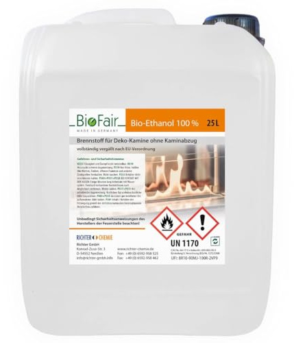 BioFair Bioethanol 100% Reiner Brennstoff für Ethanolkamine, 25 Liter | Für Bioethanolkamin, Ethanol Tischkamin, Wandkamin Indoor, sofort einsatzbereit ohne Mischen; geruchs- und rußfrei