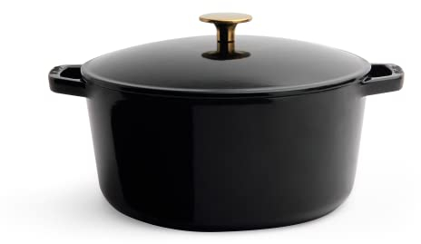 Milo by Kana 5.5-quart Enameled Cast Iron Dutch Oven with Lid | Premium Casserole Cooking Pot | Enamel Coating Inside and Out | Oven Safe and Dishwasher Friendly (Gloss Black with Gold Knob)