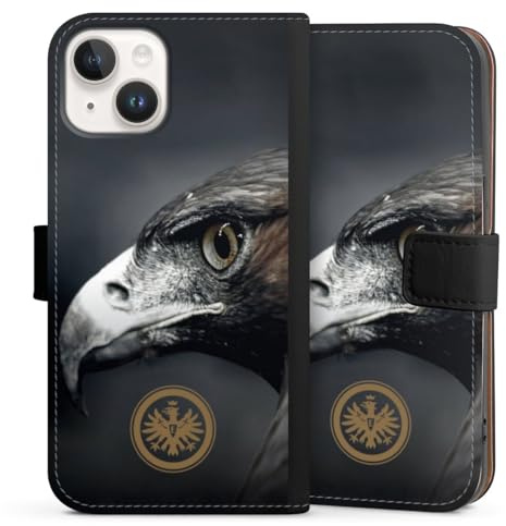 Klapphülle kompatibel mit Apple iPhone 14 Handyhülle aus Kunst Leder schwarz Flip Case Eintracht Frankfurt Offizielles Lizenzprodukt Adler