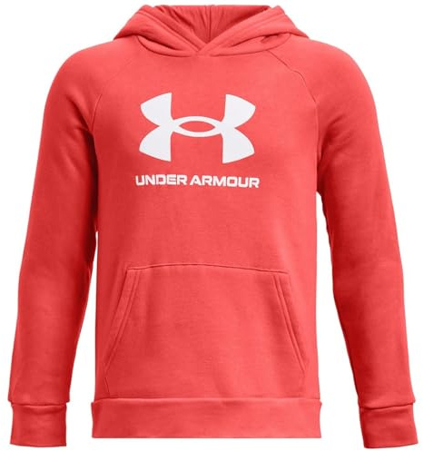 Under Armour Boys' Standard Rival Fleece Big Logo Hoodie, (690) Venom Red / / White, Medium