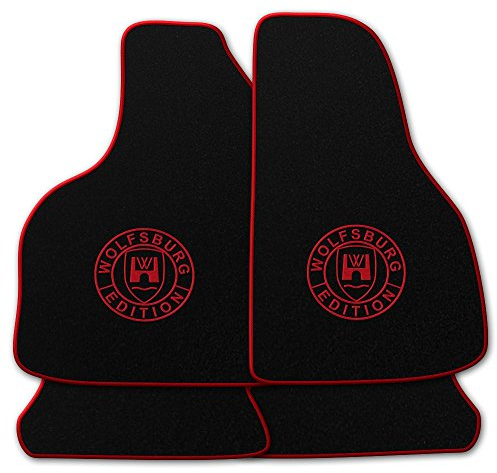 AUTOTEPPICH-Stylers Velours Schwarze Fußmatten passend für VW Golf 5 + 6 mit Logo Wolfsburg Edition WOB und Rand in rot