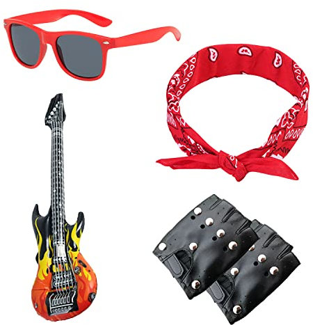 TIANNAIT 5-teiliges Punkrock-Party-Kit, aufblasbare Gitarre, Modebrille, Hip-Hop-Bandana, Rave-Handschuhe mit Nieten, Rockstar-Kostüm, 70er-80er-90er-Disco-Kostümzubehör, Rock-Punk-Gig-Party.