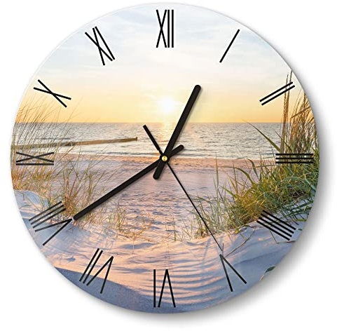 DEQORI Glasuhr | rund Ø 30 cm | Motiv Abendsonne an der Ostsee | ausgefallene leise Design Uhr aus Glas | Wanduhr für Wohnzimmer & Küche | moderne Hingucker Uhr für die Wand
