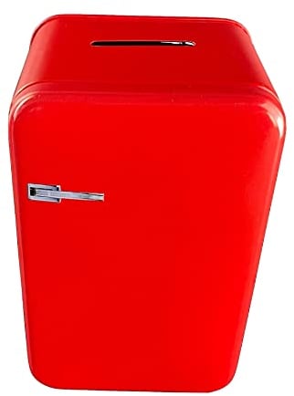 Spardose - Retro-Kühlschrank rot - Rechteckige Plug-Lid Dose mit Sparschlitz aus elektrolytischem Weißblech - (LxBxH) 8,6 x 6,5 x 14,0cm