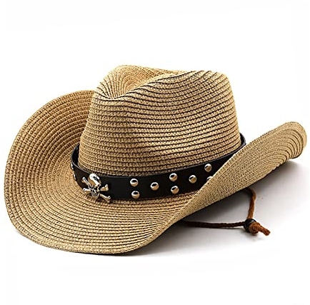 caoxhenr Chapeau de cowboy en paille Panama tissé pour homme et femme - Tête de mort en métal à large bord - Chapeau western avec ceinture, Kh, taille unique