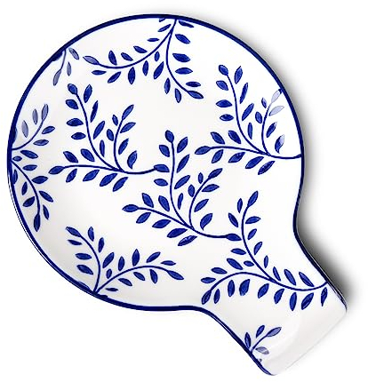 Magclay Porcelain Spoon Rest, 5.5 Ceramic Spoon Holder for Stove Top and Kitchen Counter, Blue and White Utensil Rest with Leaf Pattern, Great Cooking Gifts for Friends, Vintage Kitchen Decorative