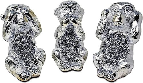 JAYOGLA Juego de 3 figuras de animales de cerámica cristalizada plateada, decoración del hogar, juego de 3 monos