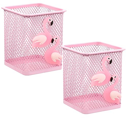 Cabilock 2pcs Square Mesh Pen Holders Desk Flamingo Pencil Pot Pots for Office Desk