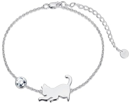 LONAGO Katze Armband 925 Sterling Silber Nette Katze mit Geburtsstein Armband Schmuck für Frauen (April-Weiß)