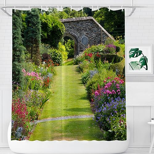 Abaysto Garden Shower Curtain - Waterproof Bathroom Bathtub Curtain, Polyester Fabric, Green Scenery Floral Pattern, 180X180cm