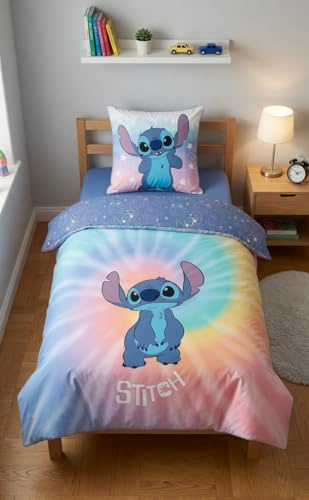 Stitch Tie-Dye Bettwäsche 140x200 + Kissenbezug 65x65 Mischgewebe | Wendebettwäsche Einzelbett | Baumwoll-Mischgewebe pflegeleicht | Disney Lilo & Stitch | Jugendliche | Maschinenwaschbar