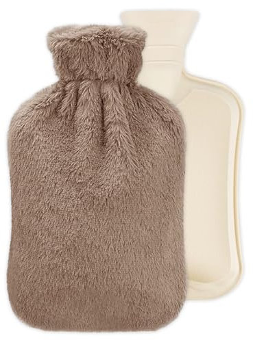 mizikuu Wärmflasche, 2L Groß Wärmeflasche mit Bezug Plüsch Flauschig Wärmehaltung Sicher und Auslaufsicher Premium Naturkautschuk Wärmflasche, Bettflasche für Kinder Erwachsene, Braun