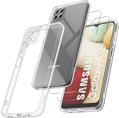 Didisky Custodia Cover per Samsung Galaxy A12, 2 Pezzi Pellicola Protettiva in Vetro Temperato, Resistente ai GraffiSilicone AntiurtoTrasparente TPU Protezione Cover