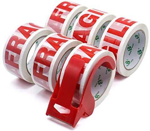 BOMEI PACK 6 Rollen Paketklebeband Fragile Klebeband Packband Verpackungsband Kartonband 66mx48mm Rot fragile Verpackungsmaterial für Pakete und Karton Packband mit hoher Klebkraft